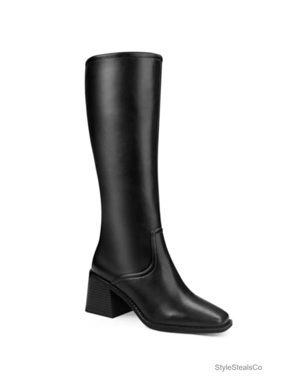 Knee High Boots Women Faux Leather Square Toe Chunky Block Heel Tall Boots